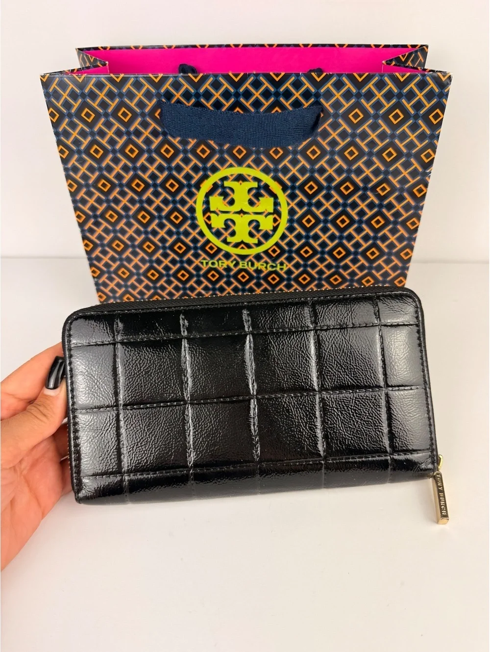 Tory Burch Marion Quilted Patent Leather Zip Around Continental Wallet Black